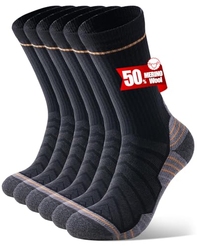 CLATOFO Merino Wool Hiking Crew Socks for Men & Women, Thermal Socks,Cushioned Anti-Blister, Breathable 3 Pairs(BLACK&GREY,L)