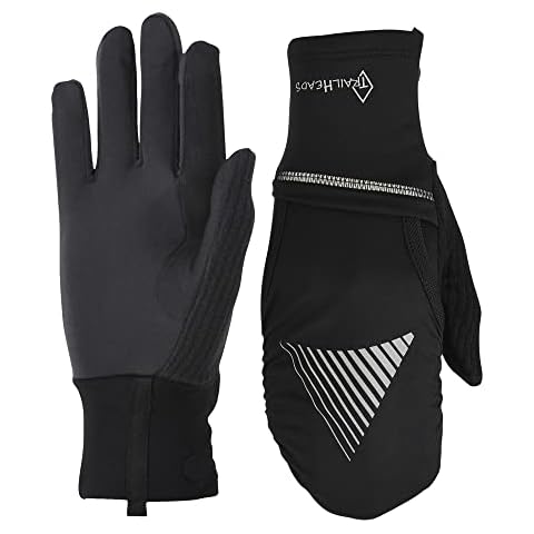 TrailHeads Womens Running Gloves Touchscreen Fingers & Convertible Waterproof Mitten Shell - for Winter, Reflective, Warm - Black - Reflective - Medium/Large Cover