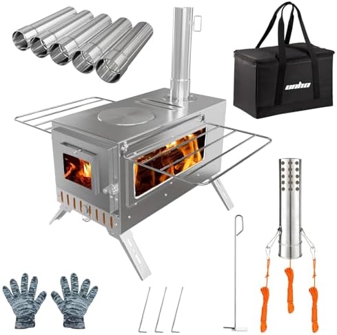 Hot Tent Stove, unho Wood Burning Stove, Portable Wood Stove with 6 Stainless Chimney Pipes for Outdoor Heating & Cooking, Ice Fishing, Hunting,Winter Warmth