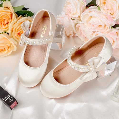 Girls' Mary Jane Flower Girl Shoes – Satin Wedding Party Shoes for Toddlers with Pearl Details | Comfortable & Elegant3