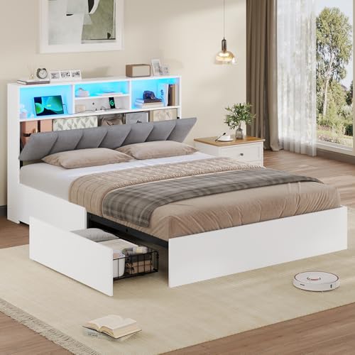 AOGLLATI Lit Coffre 140×200 cm avec Ports USB & éclairage LED,Lit 2 Personnes avec 4 Grands Tiroirs,Tête de lit capitonnée avec Rangement,Structure en...