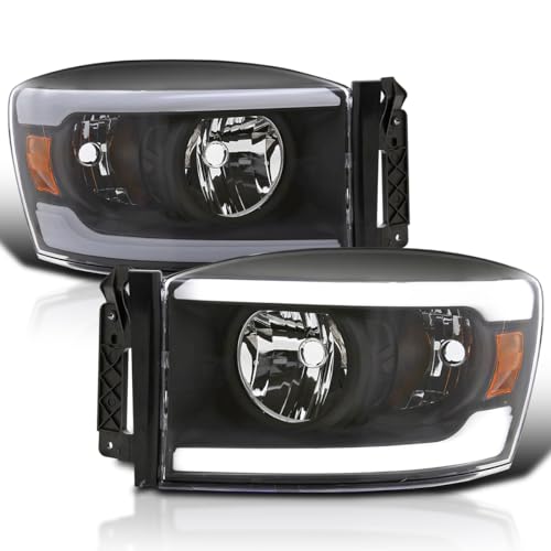 SPEC-D TUNING Black Headlights w/LED Bar Compatible with 2006-2008 Dodge Ram 1500/2500 / 3500 2007-2009 Dodge Ram 2500/3500 Left + Right Pair Headlamps Assembly