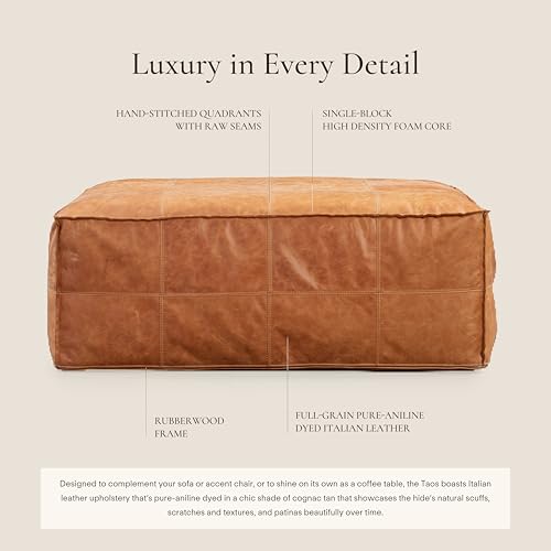 Image of POLY & BARK Taos Ottoman - 37 inch Square Pouf with Feather-Down Topper - Full-Grain Leather Upholstered Pouf Ottoman for Living Room - Vintage Italian Leather in Cognac Tan