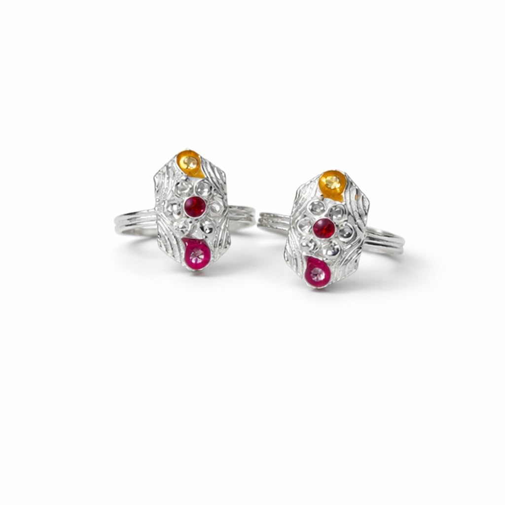 anuradha plus jewellery beautiful silver finish floral design pink and yellow stone stud Adjustable feet accessories/leg finger ring/bichudi/Jodvi/ 1 pair for women.-picture-49