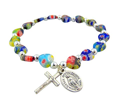 Image of Needzo Miraculous Saint Mary Medal Charm Glass Heart Shape Bead, 6 1 /2-inch Stretch Bracelet