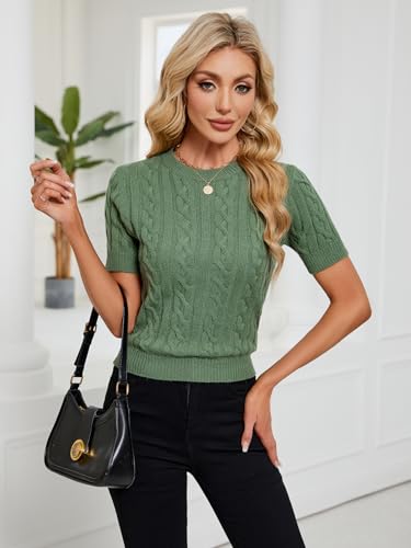 Image of Libsorge Womens Cropped Short Sleeve Sweater Fall 2025 Crewneck Sheer Knit Tops - Lightweight, Thin, Crop, Slim Fit