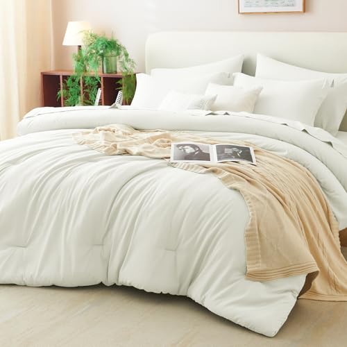 CozyLux King Size Comforter Set Ivory, 7 Pieces Bed in a Bag King Comforter Set with Sheets, Soft Bedding Set with Down Alternative Comforter, Fitted Sheets, Flat Sheets, Pillow Shams and Pillowcases