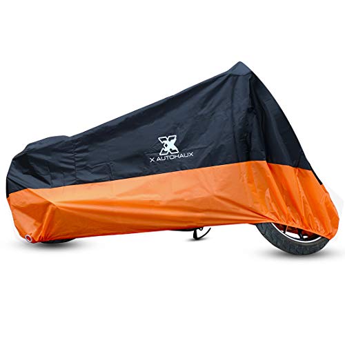 uxcell バイクカバー バイク車体カバー 大型 丈夫 厚手 190T 盗難防止 耐熱 防水 撥水 風飛び防止 UVカット 防埃 防雪 軽量 収納袋付き カバー ブラック オレンジ XXXL