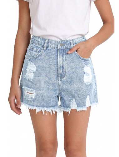 Image of oyyniis Jean Shorts for Teen Girls Ripped Raw Hem High Waist Straight Leg Cute Summer Y2K Denim Shorts 13Y-16Y