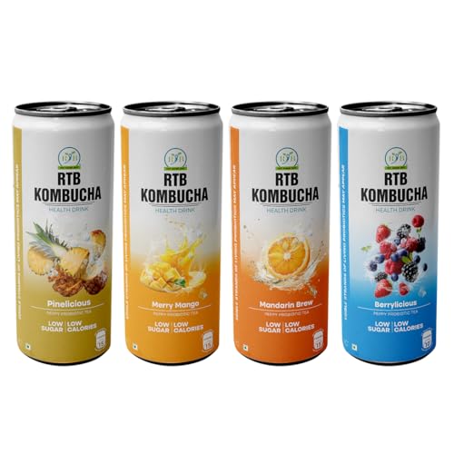 Image of RTB KOMBUCHA Health Drink Combo of 4-250ml Each (Pineapple, Mango, Orange & Mixed Berries) Helps in Immune System & Digestive System(Kombucha Culture, Fruit Pulp & Organic Sugar) Gluten Free, Non-GMO