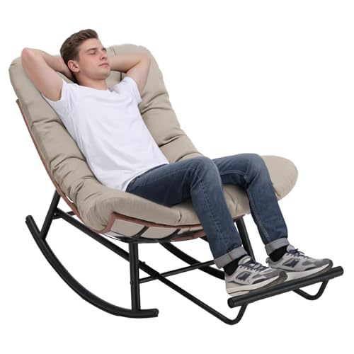 COMHOMA Outdoor Rocking Chair with Thick Cushion Patio Rattan Wicker Rocker Chair 360 Swivel Papasan Lounge Chair with Metal Frame Recliner for Garden Backyard Balcony Living Room