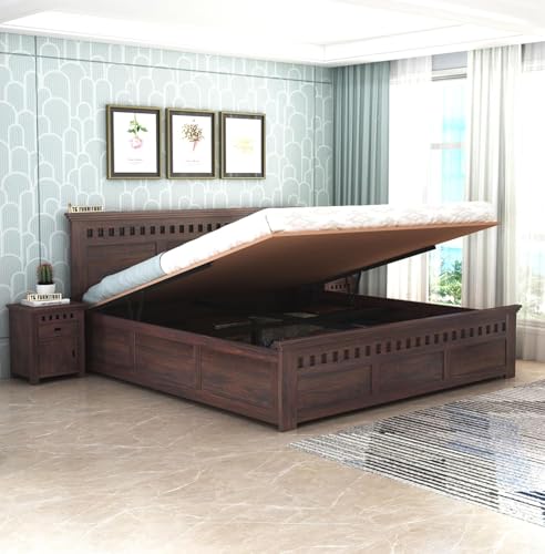 Image of TG Furniture Sheesham Wood Queen Size Bed with Hydraulic Storage | Wooden Double Bed with Storage for Bedroom & Hotel | Platform Cot Bed Palang | 78 X60 | Walnut Finish
