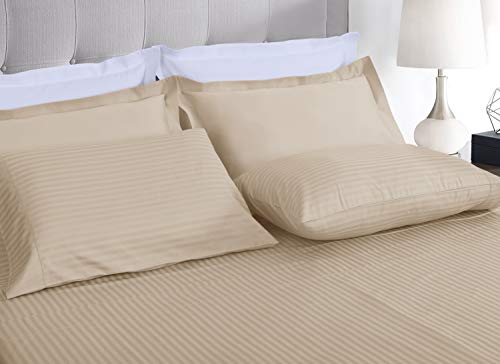 Image of Threadmill 100% Cotton Sheets for Twin XL Size Bed - 600 Thread Count Twin XL Bed Sheets Set with 15 inch Deep Pocket - Damask Stripe Sateen Weave 3-Piece Bedding Set with Cooling Effect, Beige