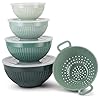 Phantom Chef Mixing Bowl Set (5 Pieces + 4 Lids) | Nested Melamine | 7, 8, 10, 11” Bowls & 9” Colander | Cooking, Mixing, Baking, Prepping, Stirring, Serving | Space-Efficient Storage (Green)
