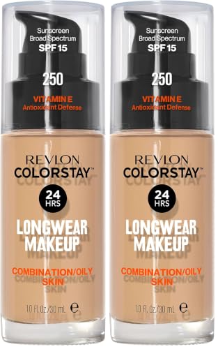 Image of Revlon Liquid Foundation, ColorStay Face Makeup for Combination & Oily Skin, SPF 15, Medium-Full Coverage with Matte Finish, 250 Fresh Beige, 1 fl oz (Pack of 2)