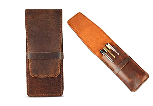 Image of Leather Pen Holder, Genuine 3 Pen Case with Tuck-in Flap, Brown Leather Case for Fountain, Ballpoint & Rollerball Pens, Travel Organizer, Luxury Executive Pen Storage Sleeve (3 Pen, Brown)
