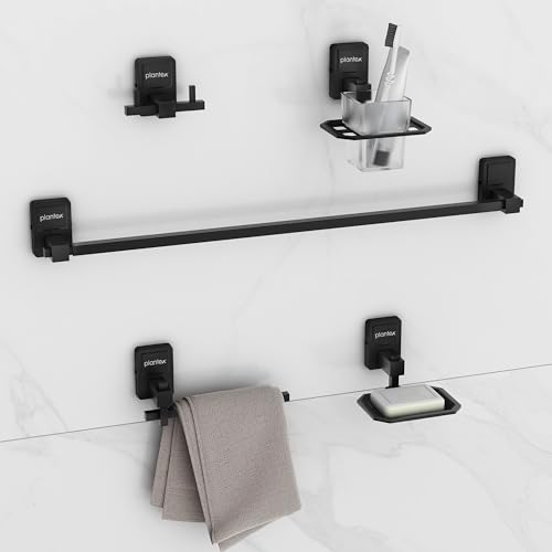 Image of Plantex 304 Grade Stainless Steel Bathroom Accessories Set of 5 - Towel Rod /Hand Napkin Hanger for Wash Basin /Soap Case /Toothbrush Holder /Robe Hook - Darcy (Black)