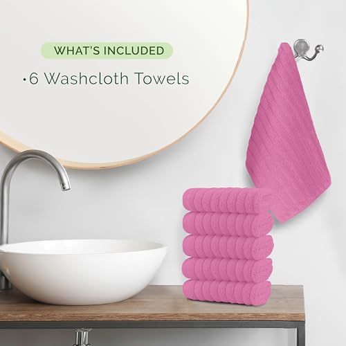 Image of Elegant Comfort 100% Turkish Cotton Corduroy Ribbed Luxury Washcloths 6 Pack Soft 13 x 13 Inch - Higly Absorbent, Durable, Quick Dry, Spa Premium Hotel Quality for Bathroom or Travel, Light Pink