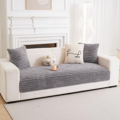 Image of HOMETHREADS 600GSM Thick & Soft Rabbit Fur Plush Sofa Cover-Luxurious Cozy Slipcover, Washable & Pet-Friendly, Anti-Scratch Protector for Sofas (Faux Linning Grey, 1 Seater | 70x70cm)
