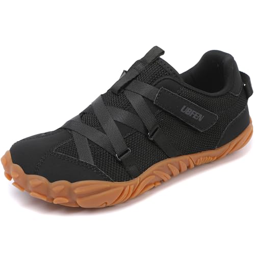 UBFEN Kids Barefoot Shoes Zero Drop Minimalist Sneakers Boys Girls - Lightweight Wide Toe Box Running School Shoes with Hook Loop Black 2.5 Big Kid