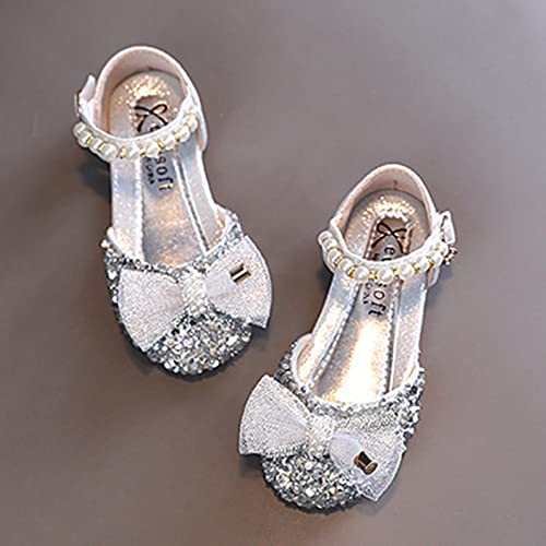 Girls White Dress Shoes Fashion Summer Girls Sandals Dress Performance Dance Shoes Sequin Pearl Mesh Bow Buckle Princess (Silver-a, 12 Little Child)4