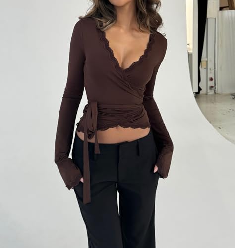 Womens Y2k Lace Sheer Mesh Crop Tops Long Sleeve Deep V Neck Cross Wrap Blouses Slim Fit Fairy Coquette T-Shirts2