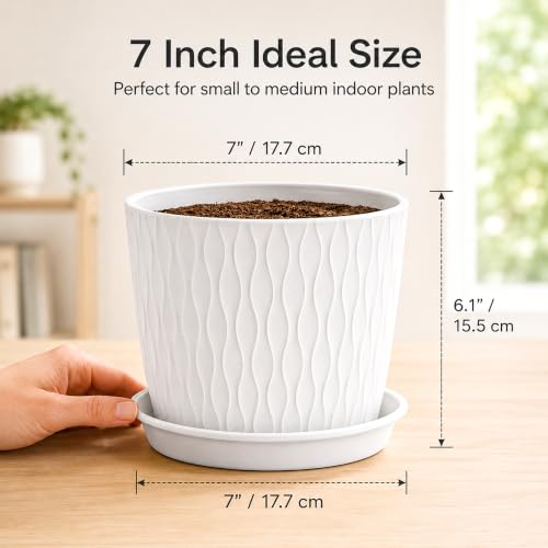 Image of SWAPKART (Pack of 5 6 Inch Plastic Flower Pots for Indoor & Outdoor Terrace,Garden Plants Decorative Planters with Drainage Holes & Matching Saucers Durable & Lightweight (White)