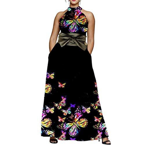 VERWIN Floor Length Lace-Up High Waist Stand Collar Sleeveless Women's Maxi Dress Print Dress Brown (Medium, Black)