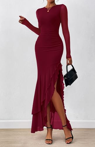 BTFBM Women's Maxi Dresses Spring 2026 Long Sleeve Ruched Bodycon Solid Ruffle Mermaid Cocktail Wedding Guest Dress - Image 3