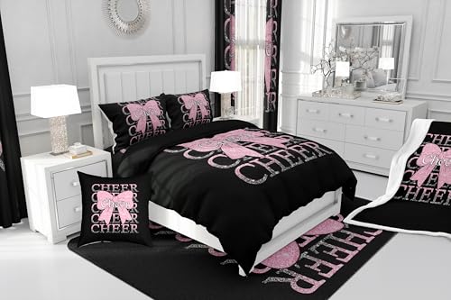 Image of Feelyou Cheer Bow Bedding Set Soft for Boys Girls, Cheerleader Comforter Set Full Size Funny Sport Duvet Quilt Microfiber Light Pink Bedroom Decor 3 Pcs with 2 Pillow Cases