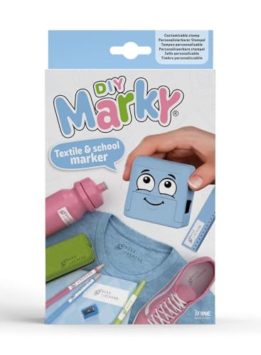 DIY MARKY - Timbro personalizzabile per bambini | Abbigliamento e oggetti per bambini | Inchiostro fino a 1000 impronte | Tutte le superfici | Kit completo con etichette e nastro termoadesivo