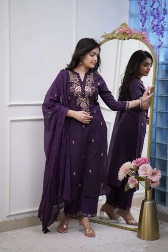 Image of Women's Cotton Embroidery work Straight kurti with Pant & mulmul dupatta set