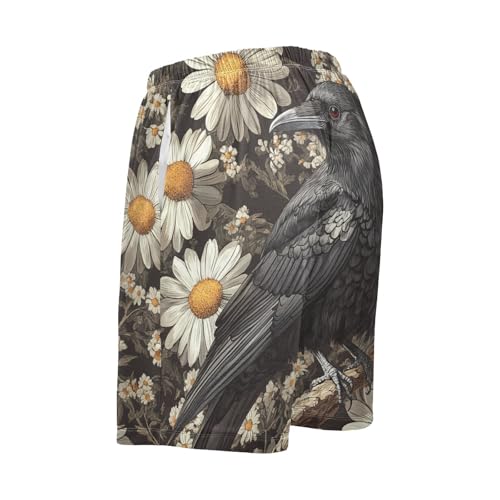 Men's Short Pajama Bottoms Crow Bird Floral Daisy Home Casual Sleep Pants2