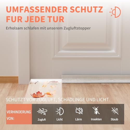BKSAI Zugluftstopper für Türen Rückstandlos Türdichtung Haustür 60-110CM Windstopper Kälteschutz Schallschutz Unten Türbodendichtung Luftzugstopper gegen Zugluft, Schall & Insekten Waschbar
