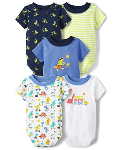 The Children's Place Baby Boys' Short Sleeve 100% Cotton Bodysuits 5 Pack, Dino, 6-9 Months #TOP19
