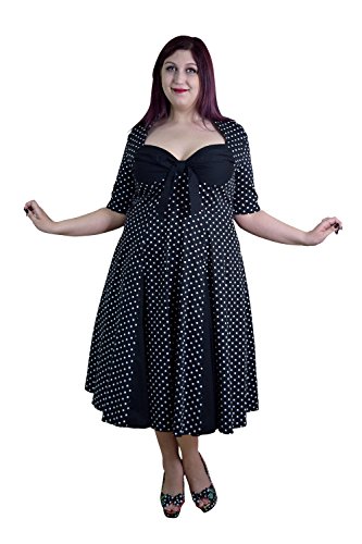 Übergröße Damen Retro Rockabilly Swing Kleid Midi Länge Polka Dots Cocktailkleid mit Schleife hinten 50er Jahre Motto Party Outfit, Schwarz, 50...
