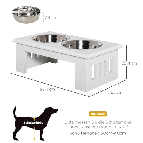 PawHut Erhöhter Hundenapf Futternapf mit 2 Näpfe Wassernapf 2 x 2000ml Edelstahlnäpfen Fressnapf Futterstation Hundenäpfe für Mittlere Hunde Katzen Weiß