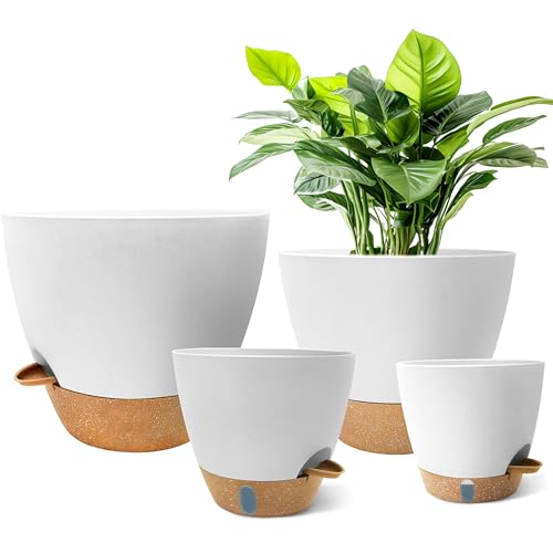 MNKXL 4-Pack Large Self Watering Pots for Indoor Plants, 12/10/9/8 Inch Planters with Visible Water Level Window, Automatic Watering System for Monstera, Fiddle Leaf, Herbs, Succulents, White