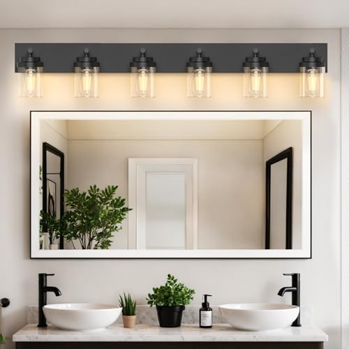 Image of IZORRO Bathroom Vanity Light Fixture, 6-Light 46 Inch Matte Black Bathroom Light Fixtures Over Mirror, with Clear Glass Shade, Modern Farmhouse Vanity Lights, Rustic Restroom Lighting Fixtures