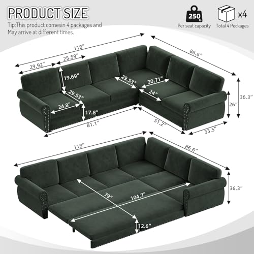 Image of KEIKI Chesterfield Couches 118 inch L-Shaped Sectional with Pull Out Sofa Bed, Rolled Arm Upholstered Sofa 6 Seater Couch for Living Room Apartment Office, Green
