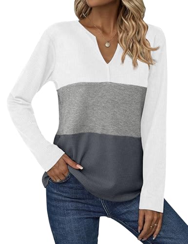 Zeagoo Women's Waffle Shirts V Neck Long Sleeve Tops Color Block T-Shirts Casual Pullover Tunics 2025 Fashion Basic Tees2