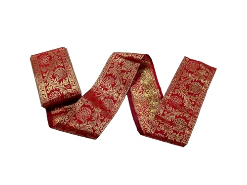 Image of Brocade Ethnic Work 9 Meter Laces and Borders Material for Dresses, Sarees, Lehenga, Suits, Blouses, Dupatta, chunri and Crafts (Red)