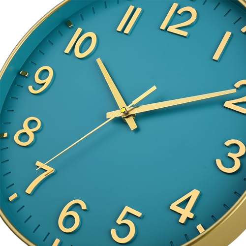 Image of HZDHCLH Teal and Gold Wall Clocks Battery Operated 12 inch Silent Non Ticking Modern Wall Clock for Living Room Bedroom Kitchen Office Decor