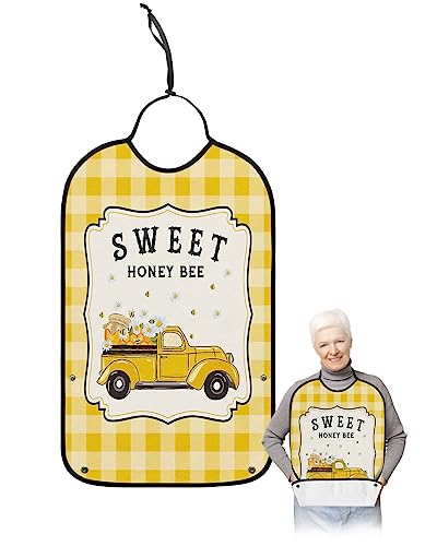 Summer Bee Truck Adult Bibs for Eating, Waterproof Bibs with Food Catcher & Adjustable Snap Closure, Spring Floral Yellow Plaid Honey Bee Washable Clothing Protectors Adult Bibs for Elderly Women/Men