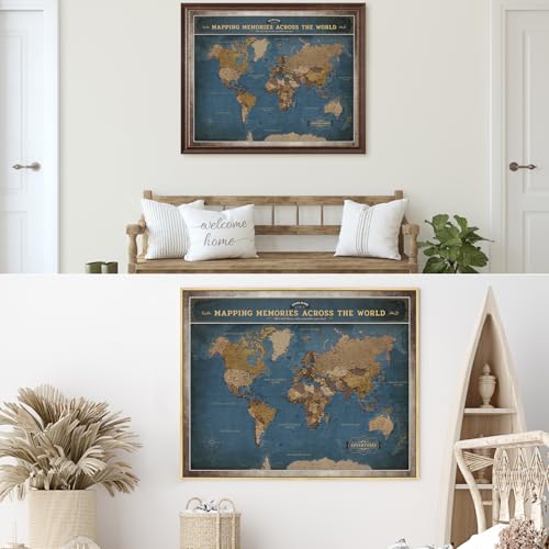 Image of DECORARTS - Personalized World Travel Map with Pins, Custom Name, Pin Board Canvas Wall Art, Modern Navy Blue World Decor, Optional Wood Frame, Giclee Print, Handcrafted in USA, 30x24''