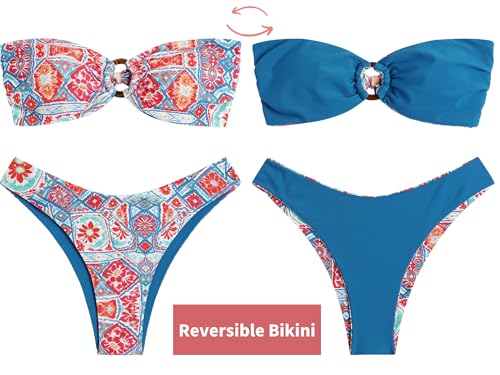 Image of ZAFUL Women's Bandeau Bikini O Ring Strapless Tie Back High Cut Two Piece Swimsuit Bathing Suits