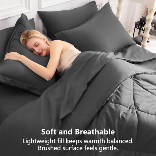 Image of CozyLux Super King Plus Comforter Set Dark Grey, 7 Pieces Bed in a Bag Comforter Set with Sheets, All Season Bedding Set with Down Alternative Comforter, Sheets, Pillowcases & Shams
