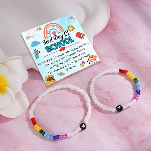 First Day Of Kindergarten Bracelet For Mommy and Me, Back To School 2Pcs/Set Letter Heart Flower Pendant Colorful Beads Silicone Gift Jewelry2