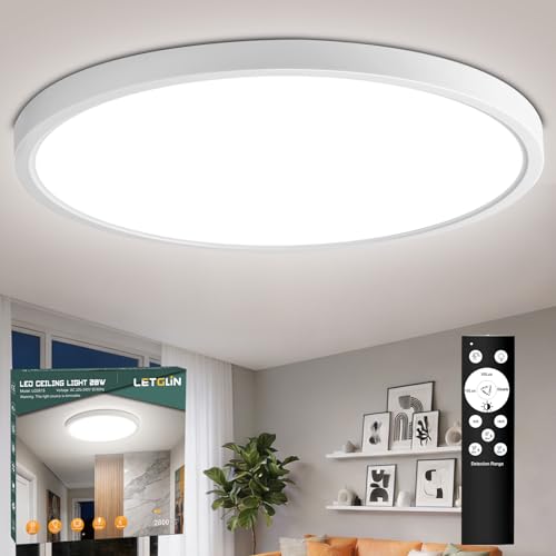 LetGlin 28W Plafon con Sensor de Movimiento, 2800LM Lampara LED Techo con Control Remoto, 3000K/4000K/6000K Luces Sensor Crepuscular, IP54 Luz Led Techo Baño para Cocina Pasillo Sótano Balcón, 30cm