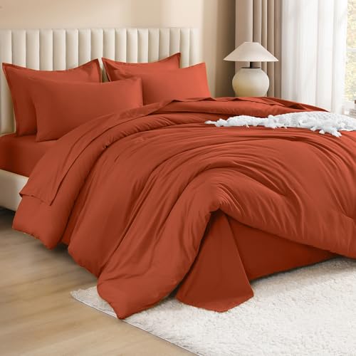 Image of Litanika Burnt Orange Comforter King Size Set - 7 Pieces Terracotta Bed in a Bag King Bedding Comforter Sets, Plain Lightweight Bed Set with Comforter, Sheets, Pillowcases & Shams